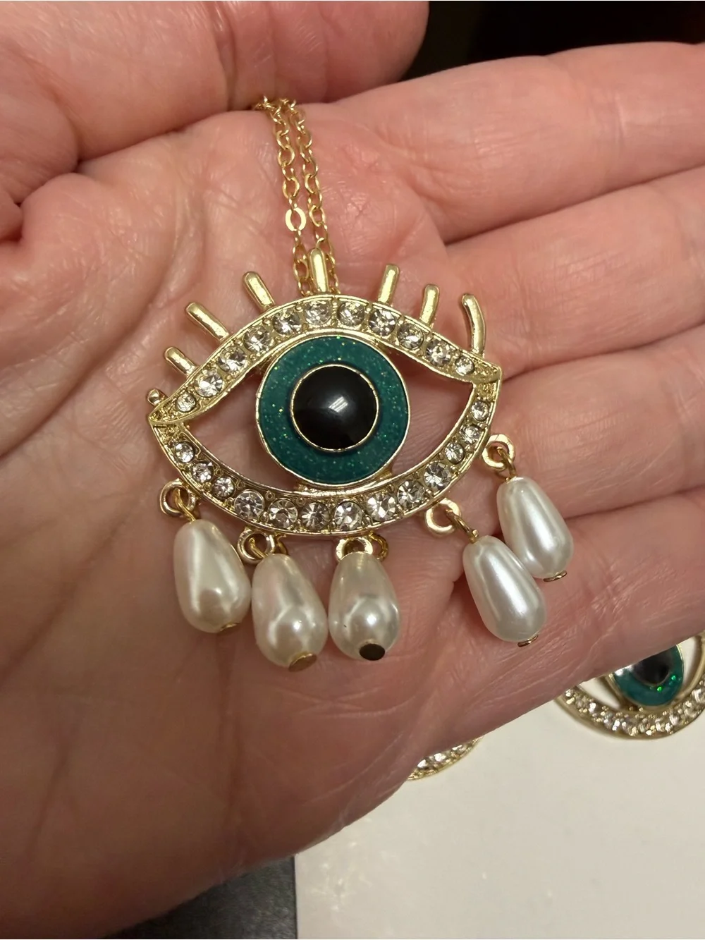 Gold-Tone Teal Green Evil Eye Necklace & Earrings Set with Pearl Drops